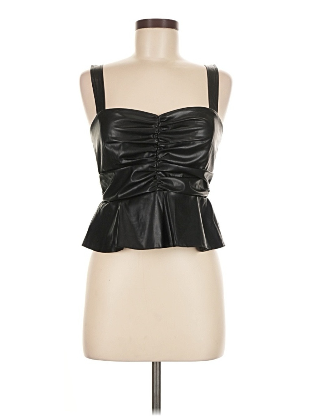 Black Faux Leather Ruched Peplum Cami Top